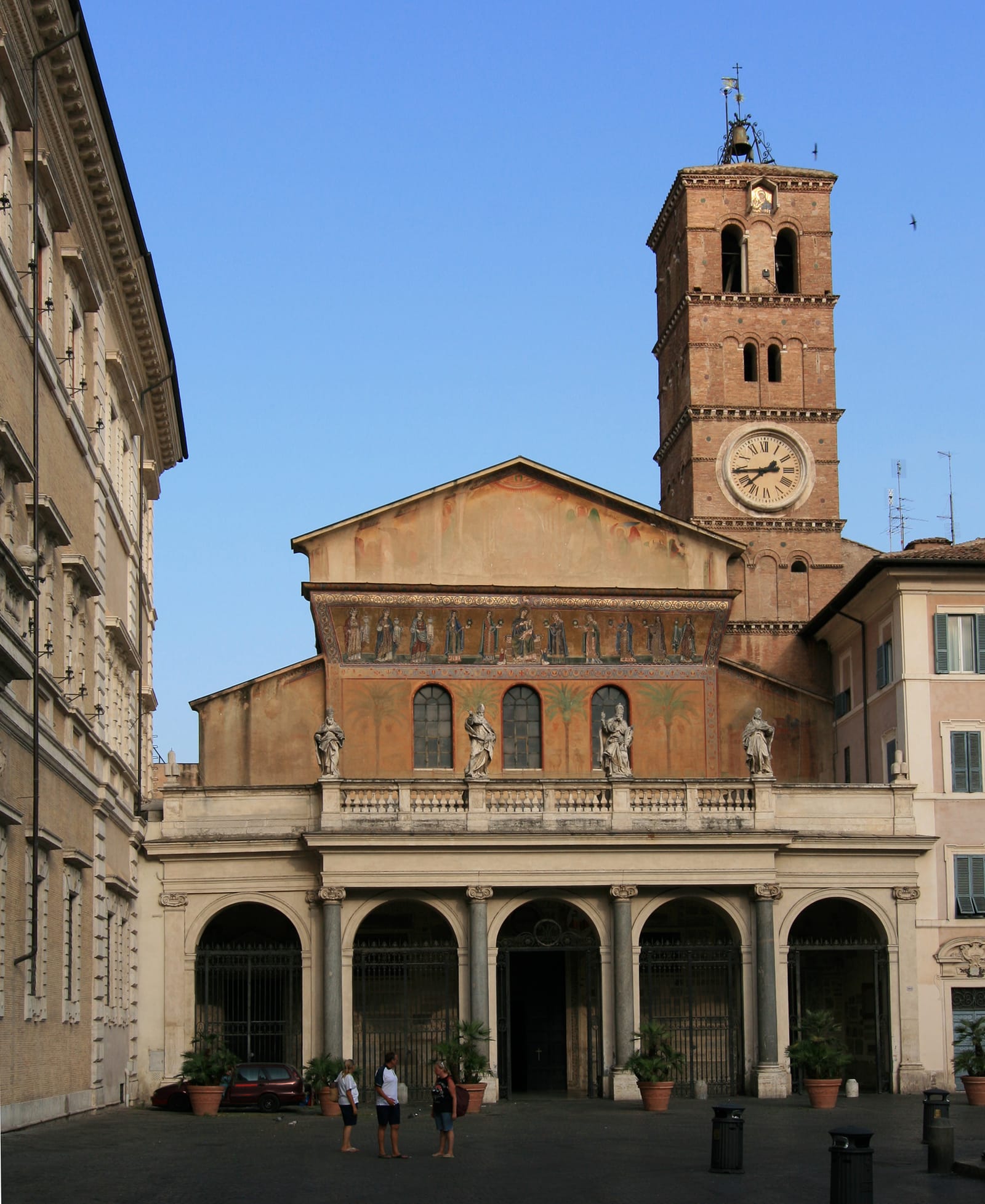 Facade and campanile of Santa Maria in Trastevere in Rome.